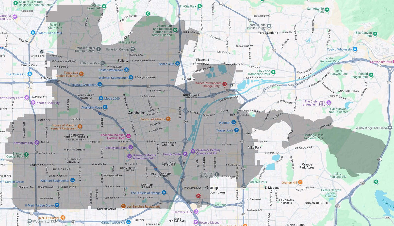 Map of the Central Orange County cities ameriCARE serves